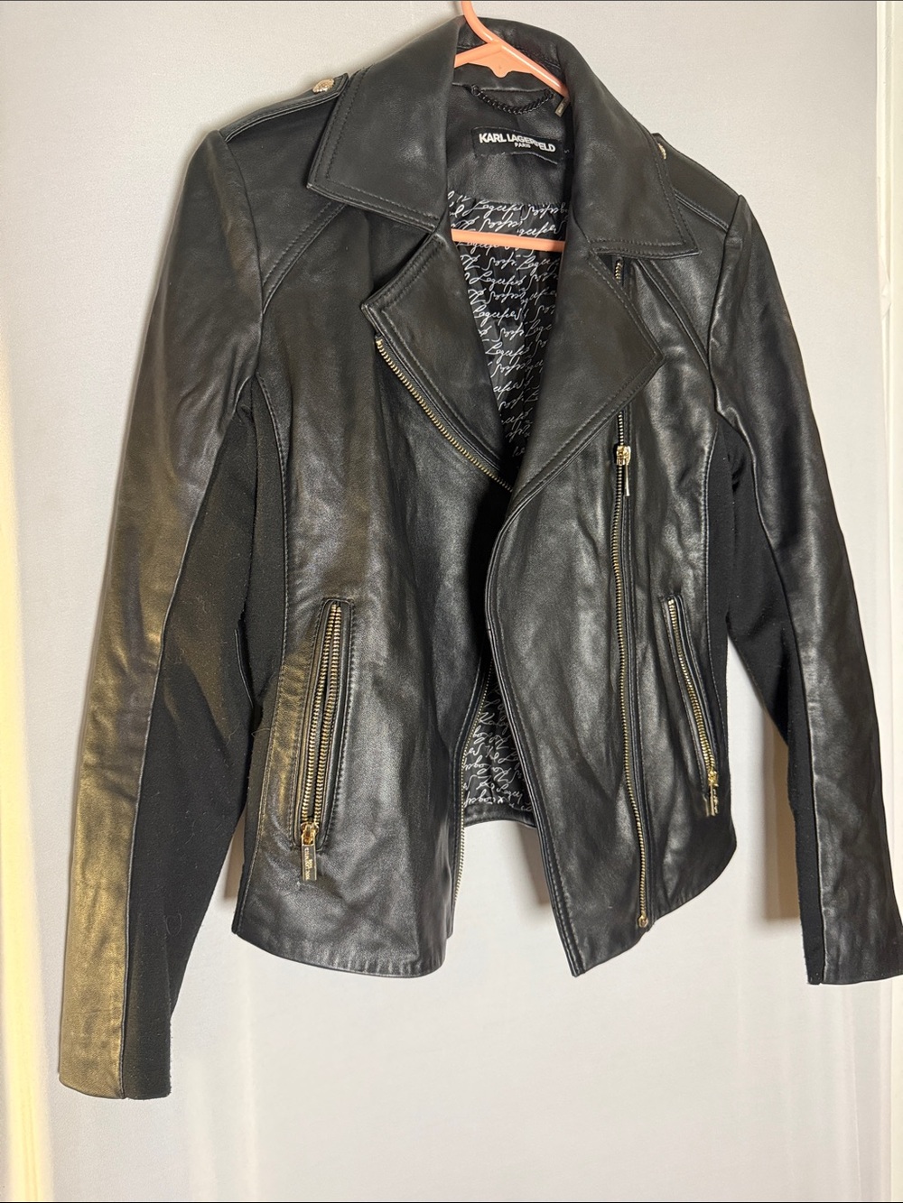 Karl Lagerfeld Black Leather Asymmetric Zip Moto Jacket